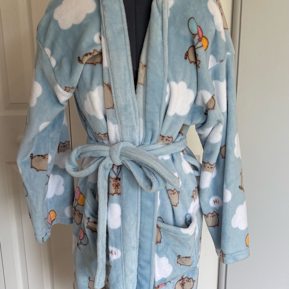 Pusheen Blue and White Plush Pajama Robe with Cozy Wrap Design